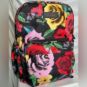 VERA BRADLEY Lighten Up Grande Laptop Canvas Backpack Book-bag Black Rose Floral